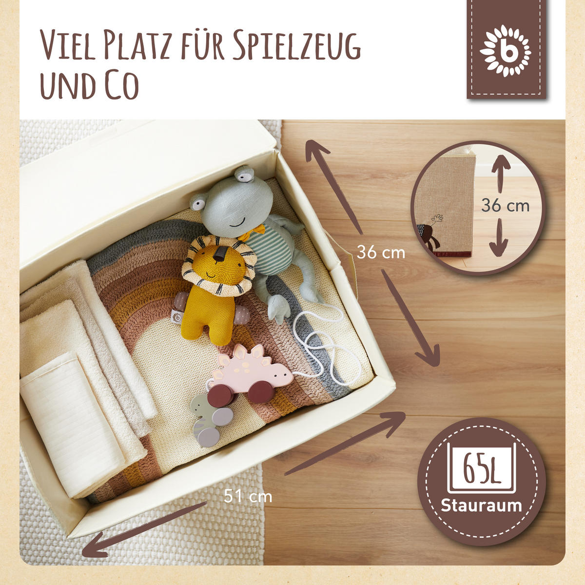 AUFBEWAHRUNGSBOX mit Deckel 65L, faltbar - Rotbraun/Beige, Textil (51/36cm) - Bieco Spielwaren