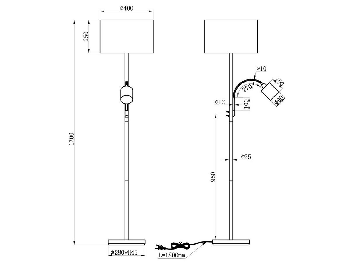 LED-STEHLAMPE Weiß Höhe 170cm, mit Leselampe - Weiß, Textil (40/40/170cm) - meineWunschleuchte