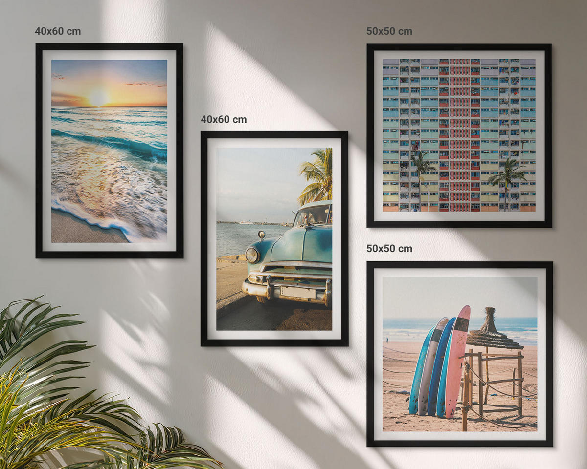 BILDER SET 4er Set - 50x50 cm & 40x60 cm Schwarzer Rahmen - Sonnenuntergang in Miami - Schwarz, Kunststoff (50/50cm) - TULUP