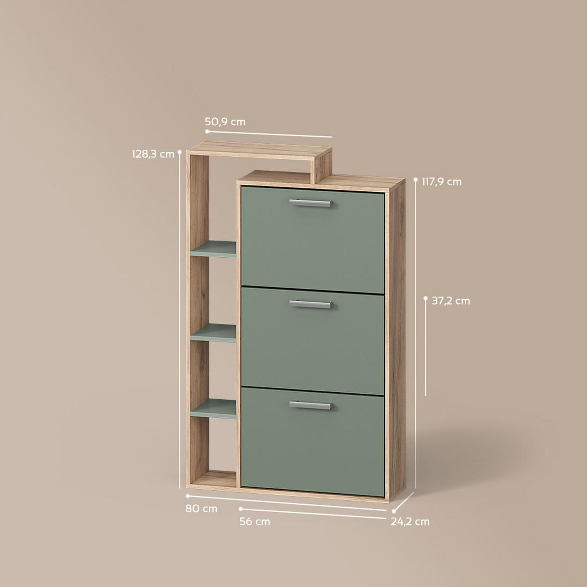 SCHUHKIPPER Ortello Goldkraft Eiche/Grün 80 x 128.3 cm mit 3 Fächern - Eichefarben/Grün, Holzwerkstoff (80/128.3/24.2cm) - Livinity®