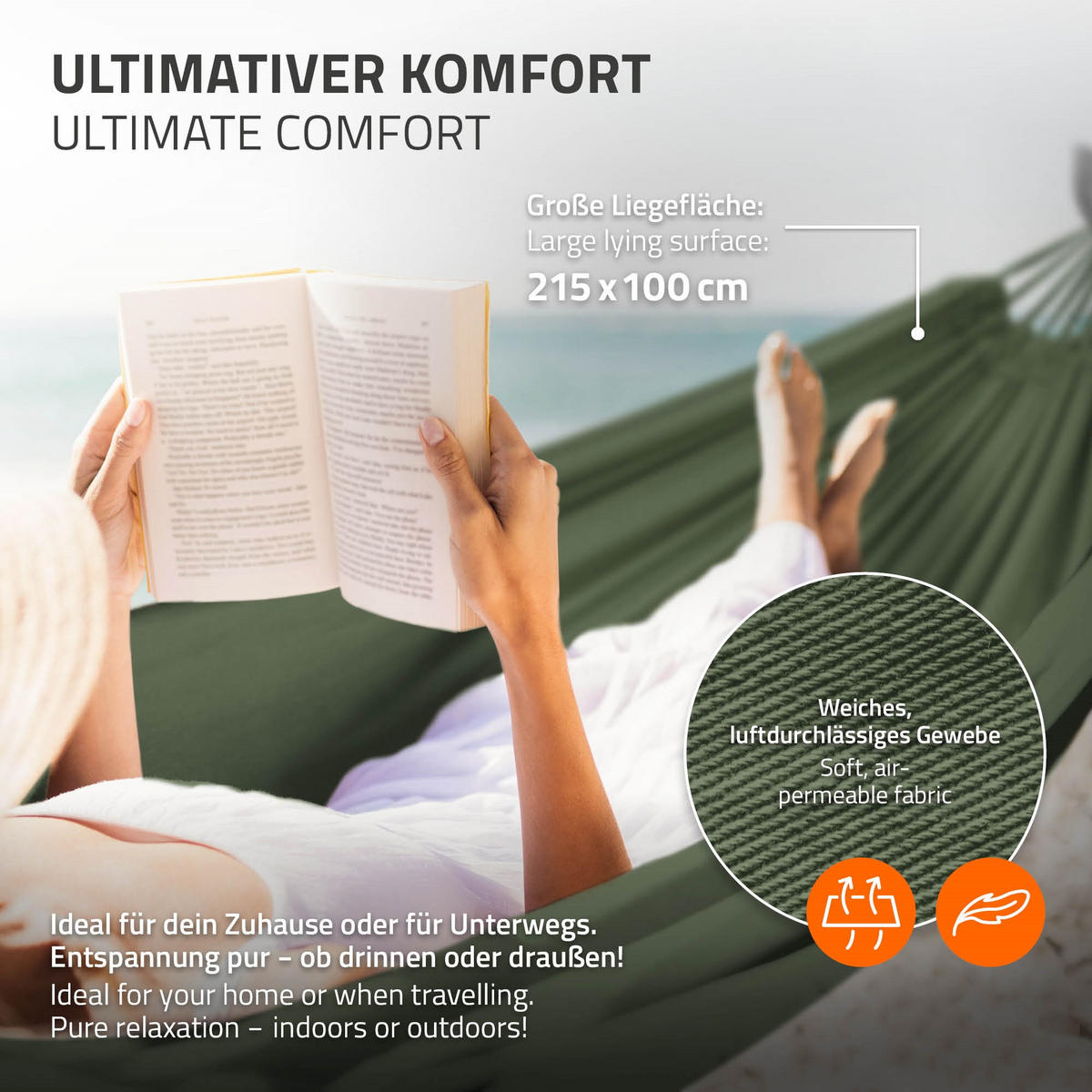 HÄNGEMATTE khaki - Grün, Metall (99/98/255cm) - ML-DESIGN