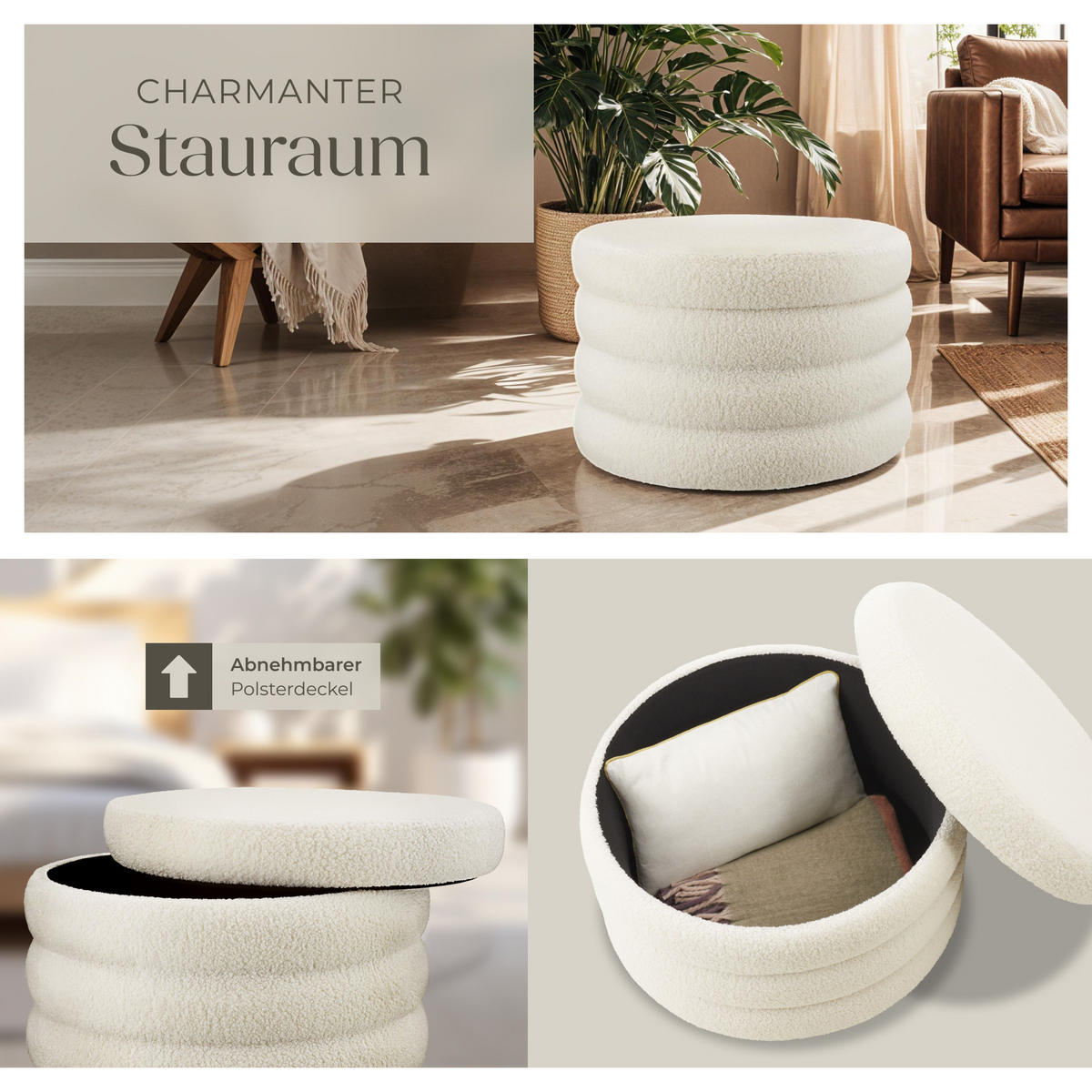 SITZHOCKER mit Stauraum Altu Xl,67 x 42 cm,Bouclé creme-weiß - Creme/Weiß, Holz (67/42/67cm) - tectake