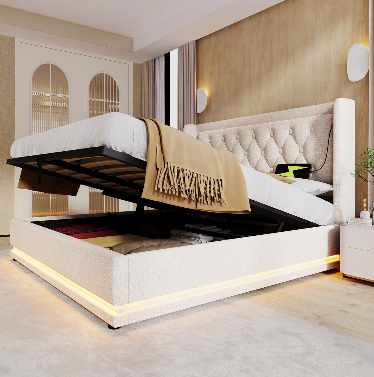 POLSTERBETT mit Stauraum, LED und Matratze 160x200 cm Baumwolle Beige - Beige, Metall (160/200cm) - Beauniv
