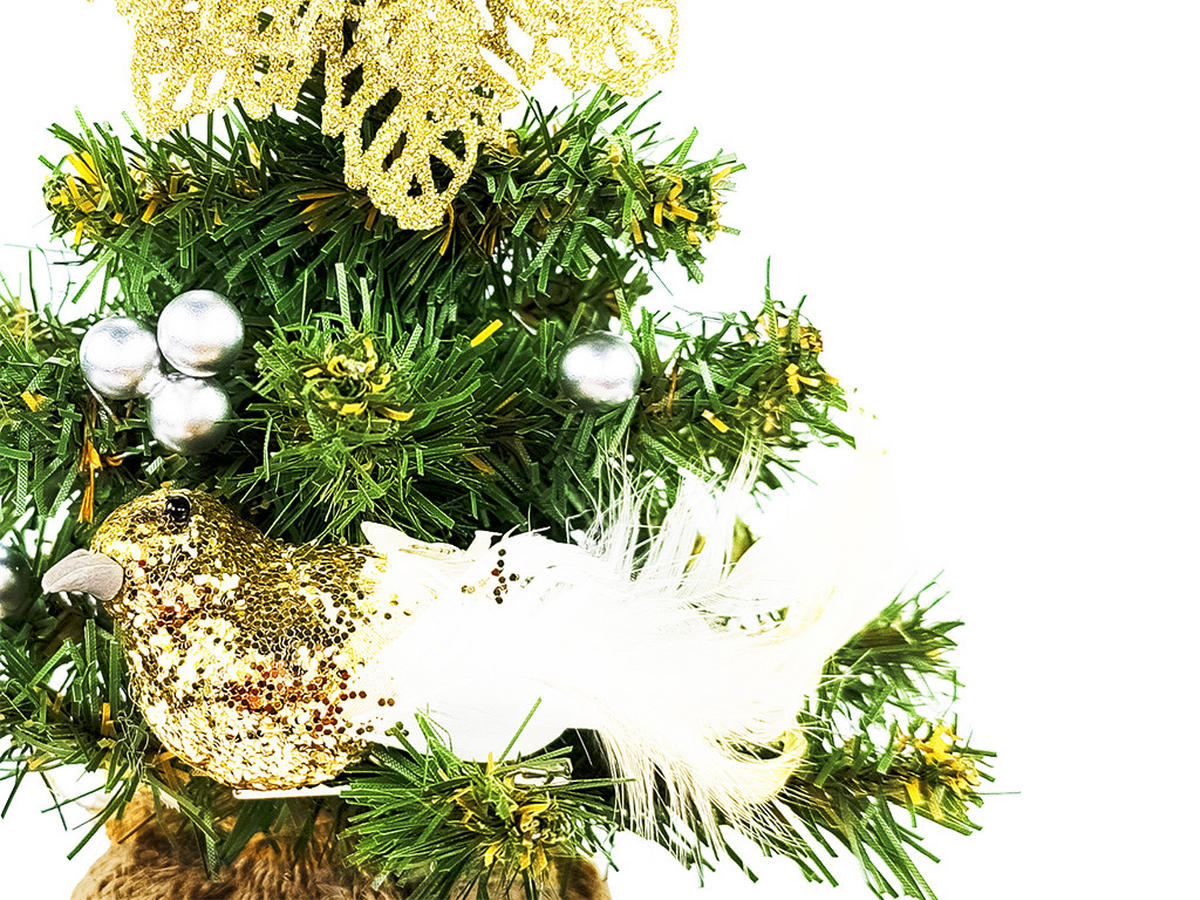 WEIHNACHTSBAUM künstlicher 25 cm, TINY 4, mit 14-teiligem Weihnachtsbaumschmuck, inkl. Metallständer und Aufbewahrungsbox - Champagner/Silberfarben, Kunststoff/Stein (18/25cm) - LAALU