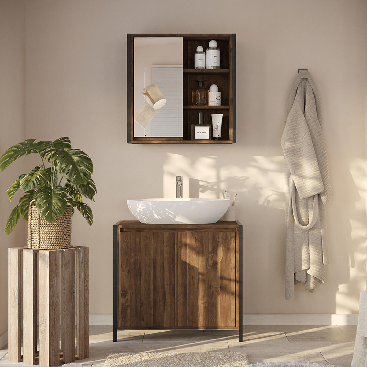 BADMÖBEL-SET Naola Eiche/Schwarz 2 Teile - Eichefarben/Schwarz, Holzwerkstoff (70/65/40cm) - Vicco