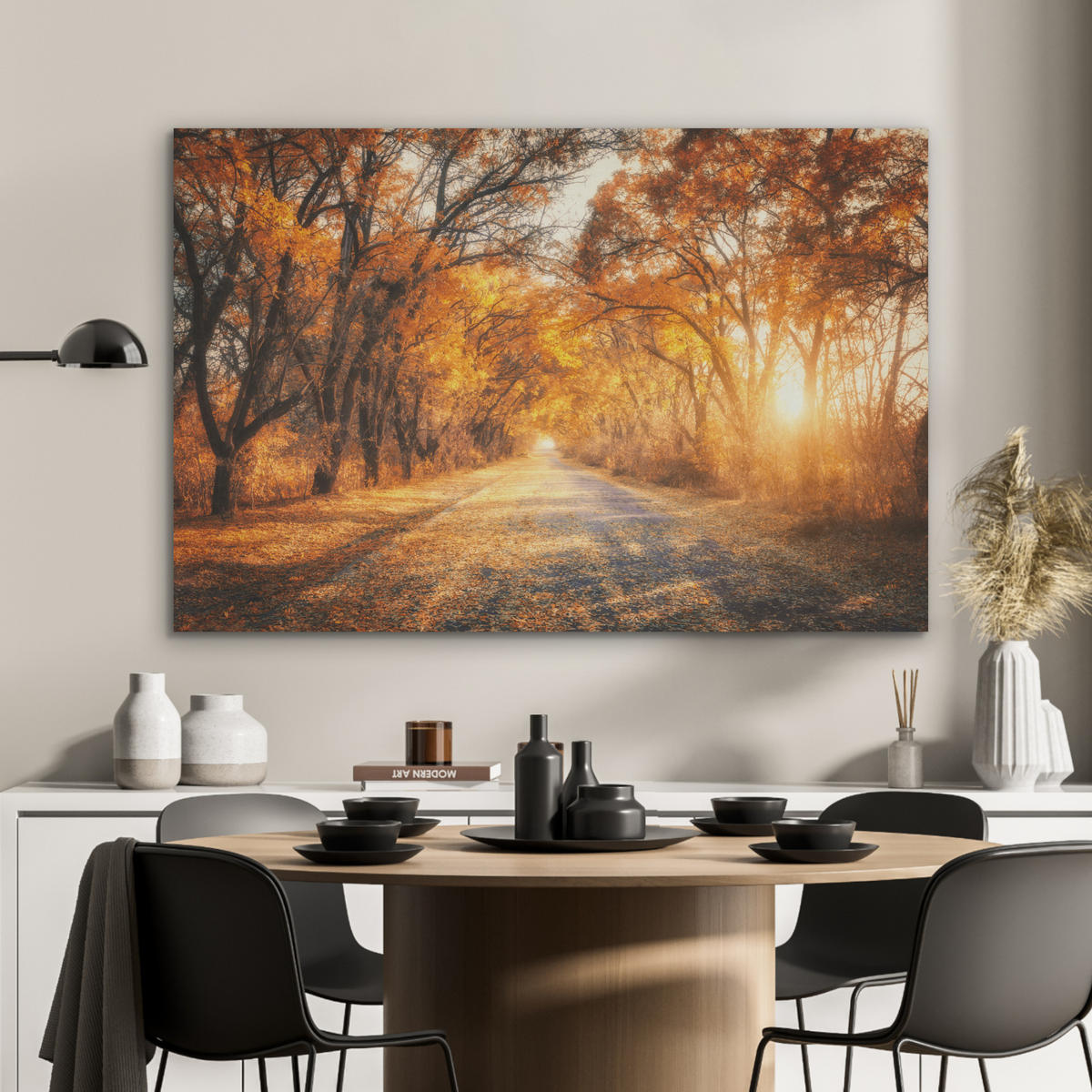 AKUSTIKBILD Wald - Herbst - Bäume - Waldweg - Natur Akustikpaneele 90x60 cm - Bernsteinfarben, Kunststoff (90/60/0.9cm) - MuchoWow