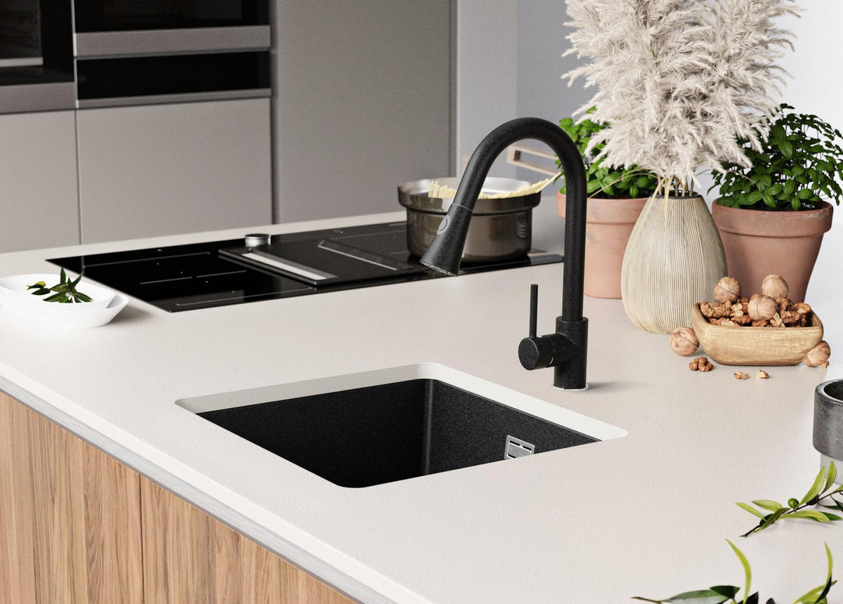 UNTERBAUSPÜLE GRANIT London, 2-er set Anthrazit 46/47 cm, 1 Becken + Ablauf-Set ab 50er Unterschrank - Chromfarben/Anthrazit, Kunststoff (46/20/47cm) - Primagran