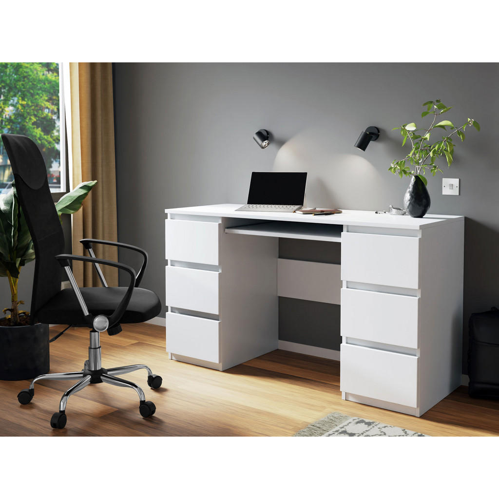 Thumbnail - Mirjan24 Schreibtisch, Weiß, Holzwerkstoff, 6 Schubladen, Rechteckig, 130x76x51 cm, Arbeitszimmer, Schreibtische, Büroti...
