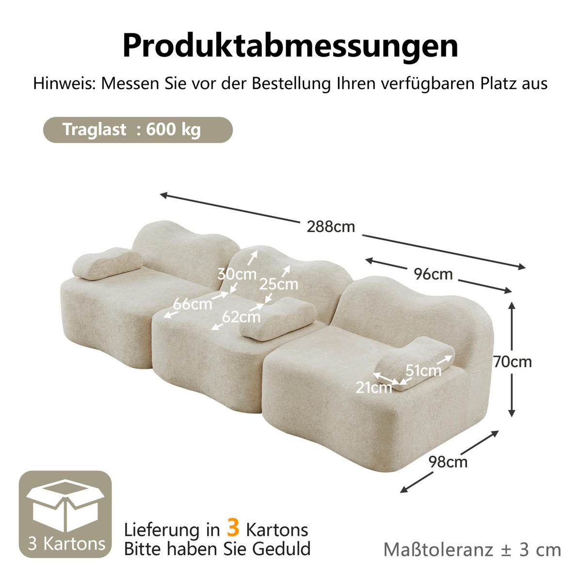 SOFA 288/98/70 cm in Beige aus Samt, modular und rahmenlos - Beige, Textil (98/70/288cm) - Flora Grace