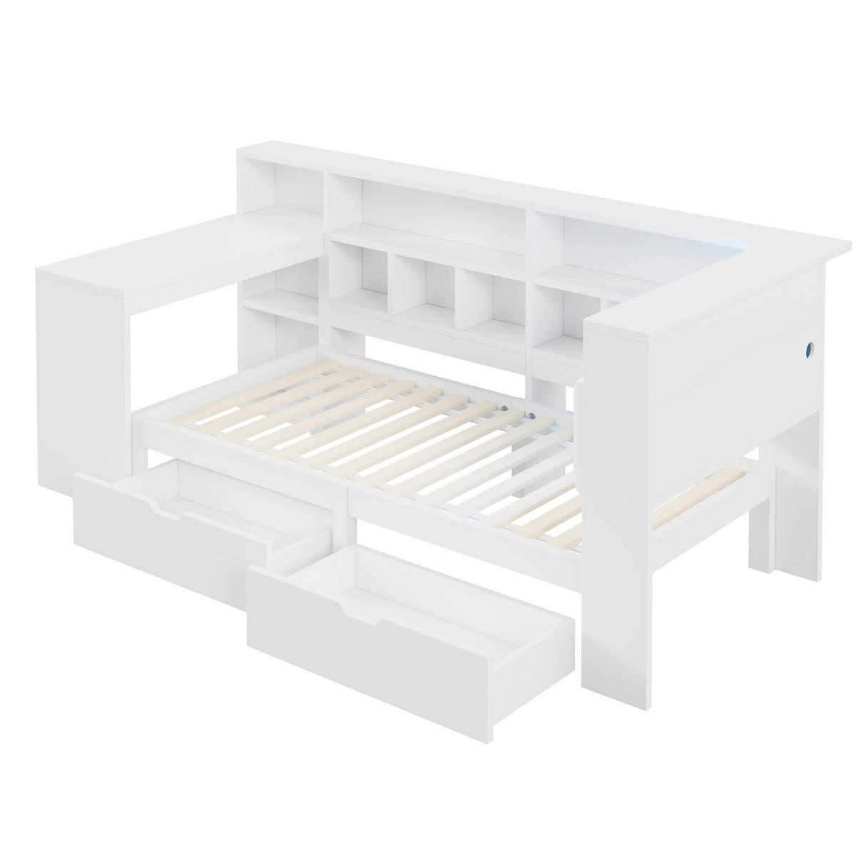 TAGESBETT 90/200 cm mit Schreibtisch, Bücherregal, LED-Beleuchtung und Stauraum, Weiß - Weiß, Holzwerkstoff (90/200cm) - Redom