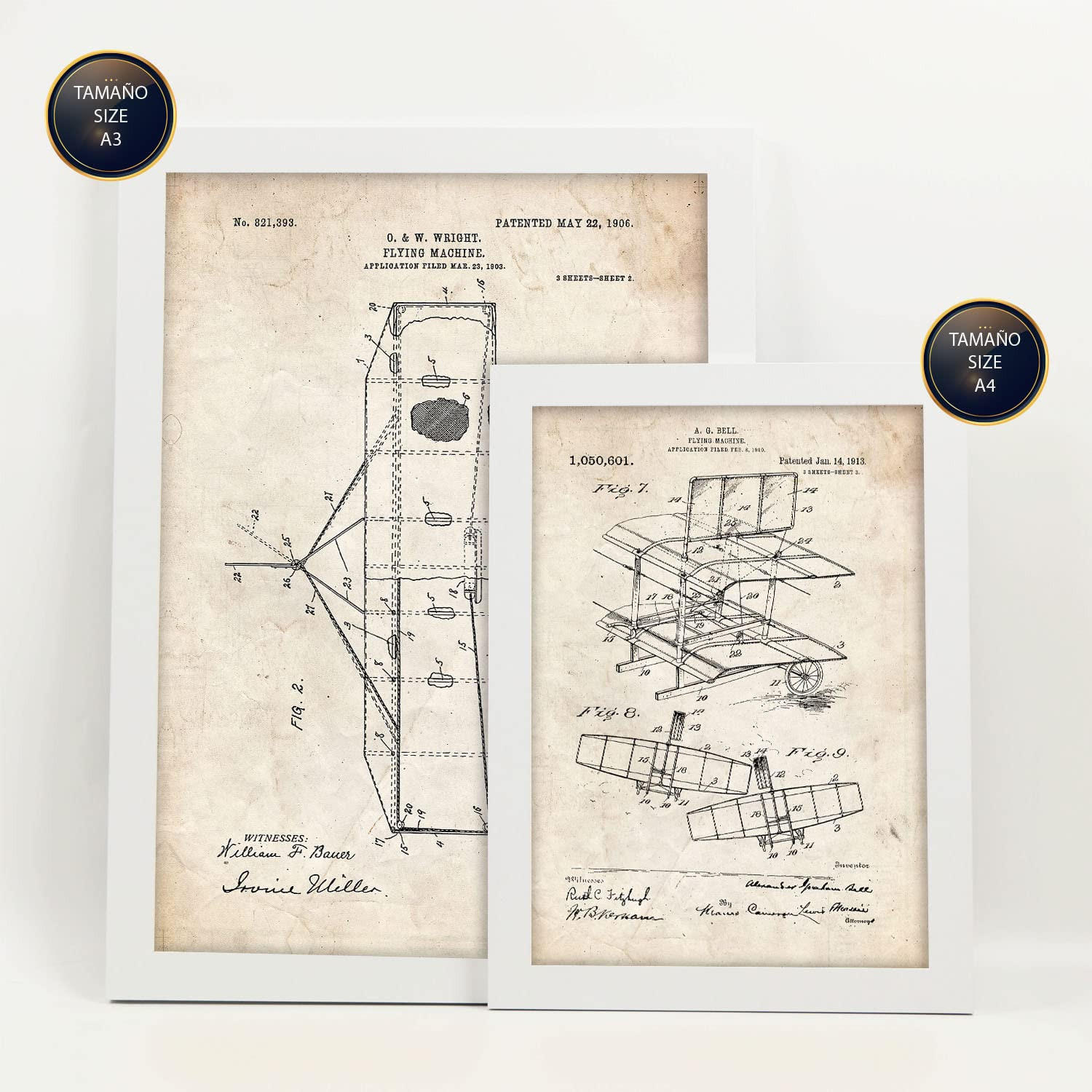 POSTER Set Mit 6 Plakaten Mit Flugzeug Patenten Im Vintage Stil A3 & A4 Weißer Rahmen - Weiß, Papier (29/3cm) - Nacnic