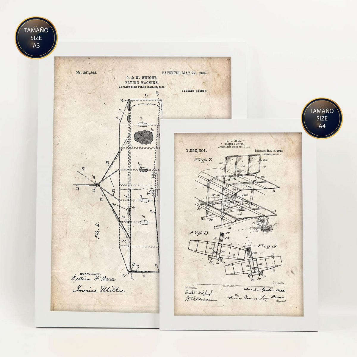POSTER Set Mit 6 Plakaten Mit Flugzeug Patenten Im Vintage Stil A3 & A4 Weißer Rahmen - Weiß, Papier (29/3cm) - Nacnic