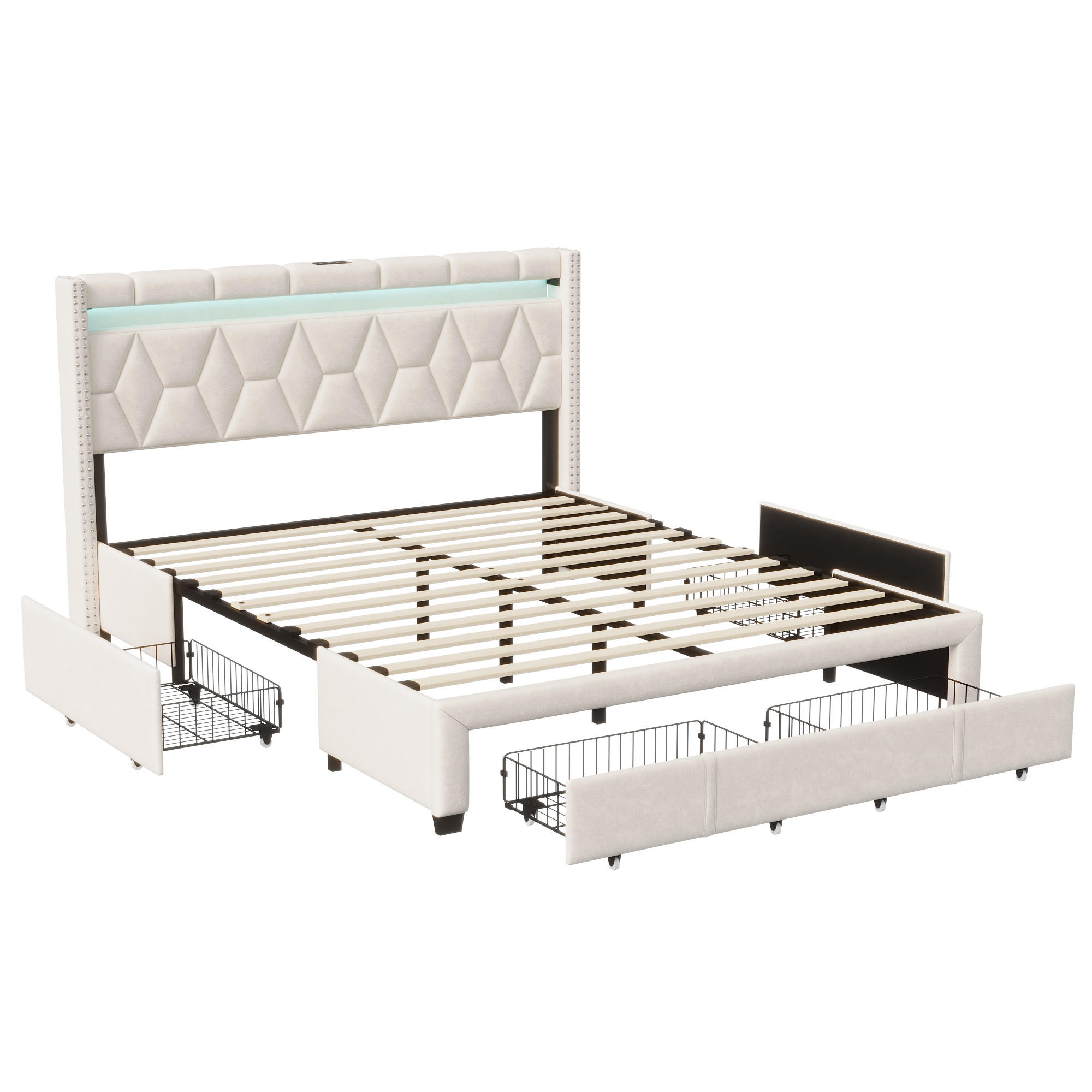POLSTERBETT 160x200 cm, Beige, LED-Beleuchtung und 4 Schubladen - Beige, Textil/Metall (160/200cm)