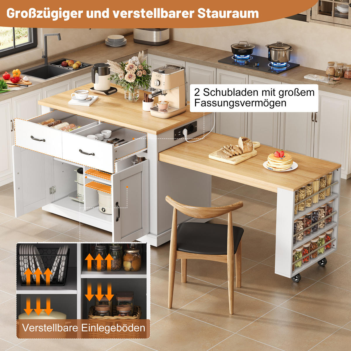 KÜCHENINSEL 133.5/60/93 cm Weiß mit 2 Schubladen, ausziehbarem Esstisch und verstellbaren Regalen - Weiß, Holz/Holzwerkstoff (60/93/132cm) - Oxeza