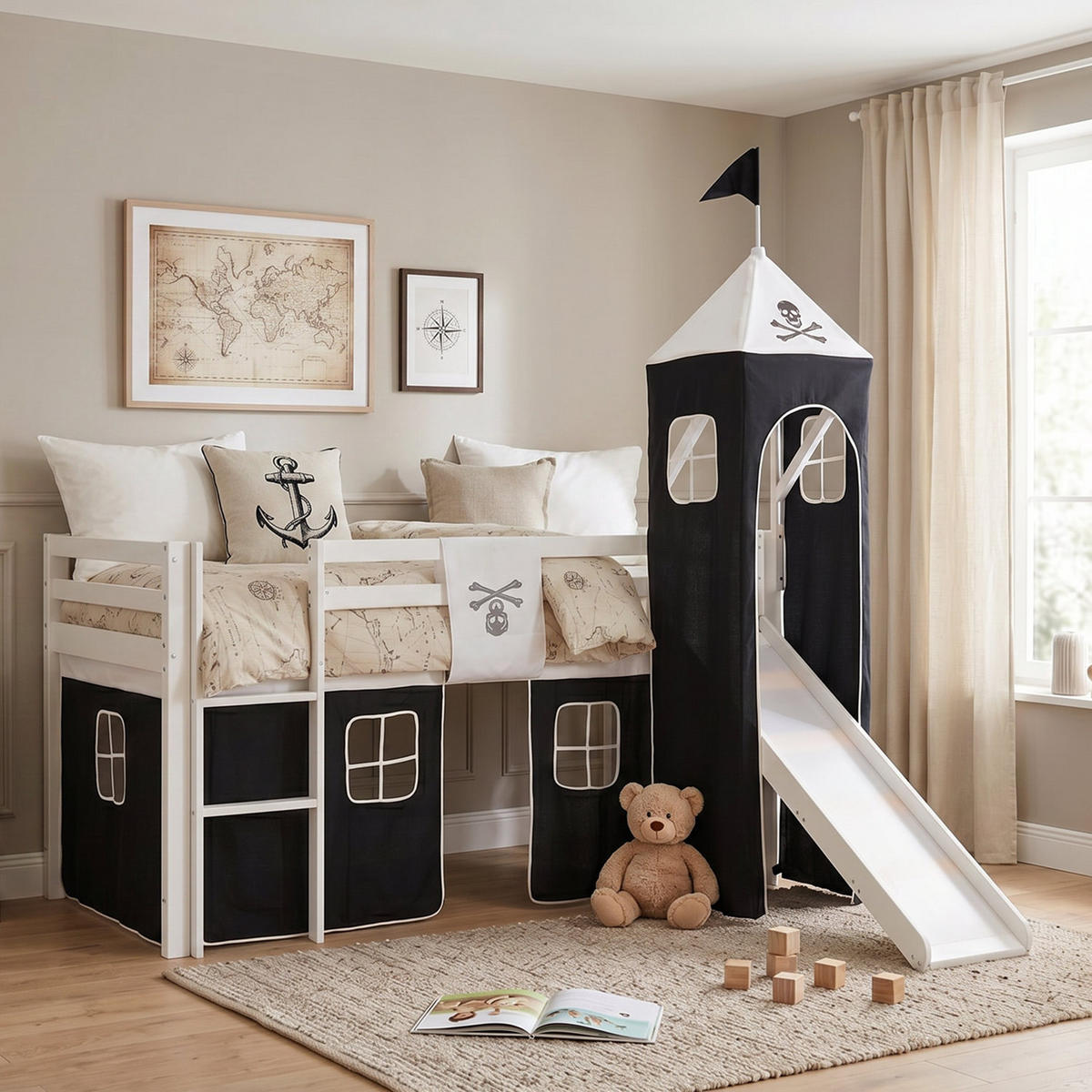 HOCHBETT 90/200 cm Pirat mit Lattenrost + Matratze - Schwarz/Weiß, Holz - Homestyle4u