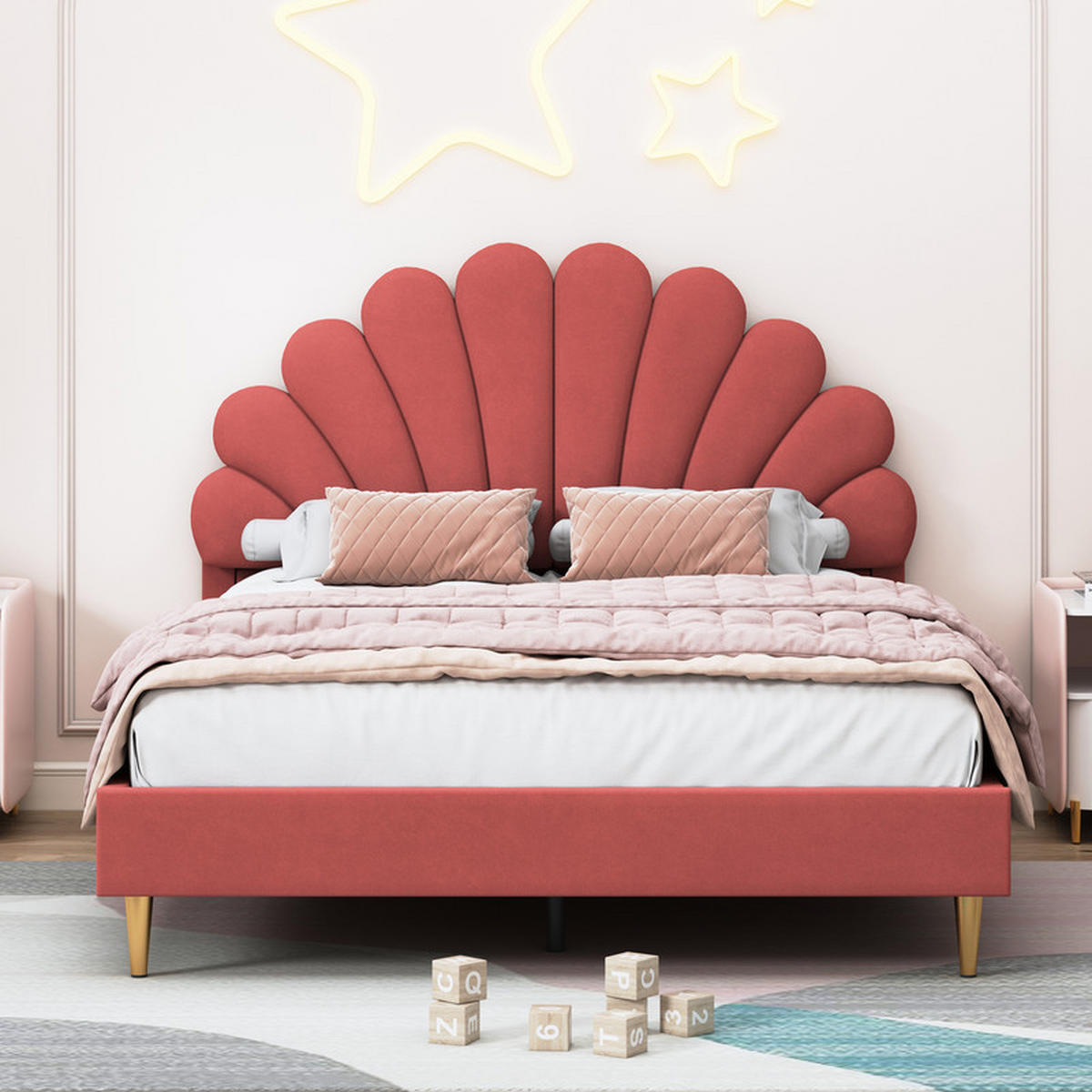 KINDERBETT 140x200 cm mit Lattenrost & Blumen-Kopfteil, Samt in Bordeaux, modernes Design, Komfortbett - Rot, Holz (140/200cm) - WoodenAura