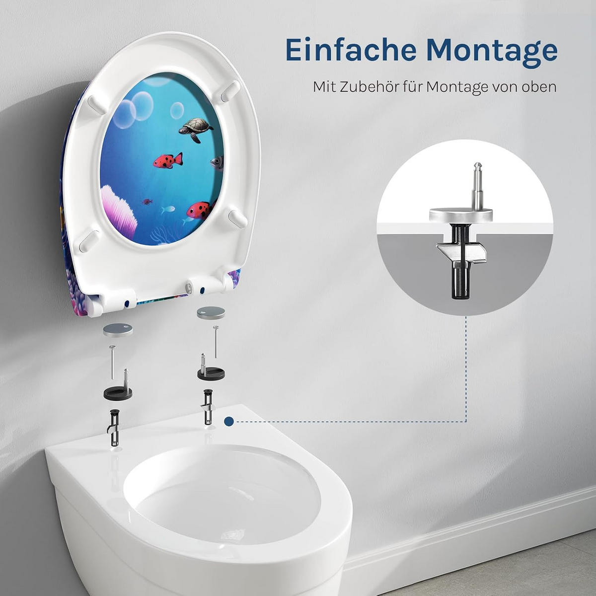 WC SITZ mit Absenkautomatik, Duroplast, Fische Oval - Blau/Weiß, Kunststoff (37/2.51/45cm) - Woltu