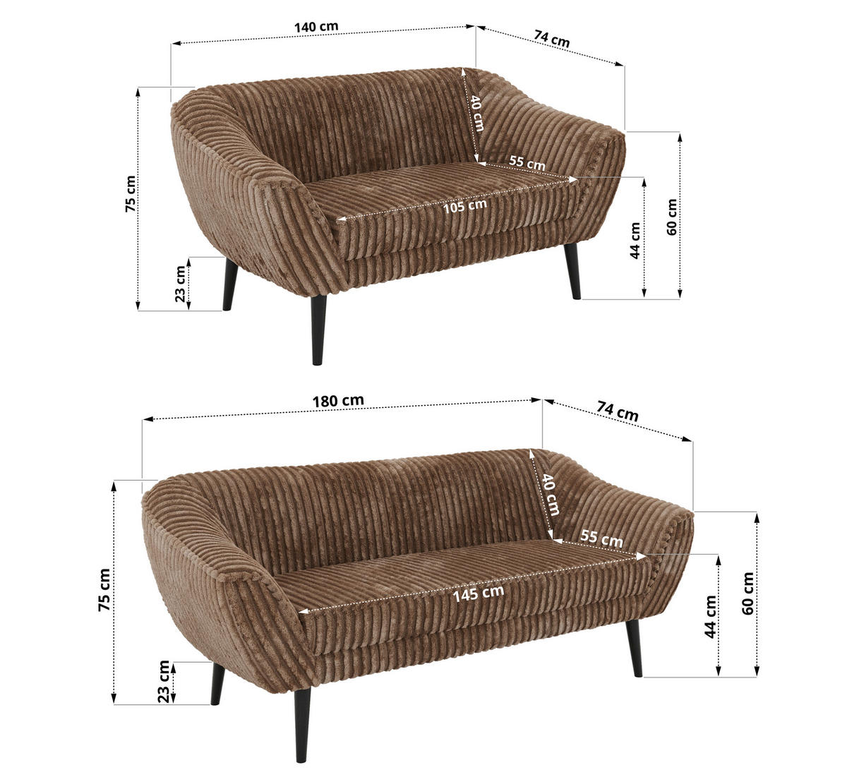 SEDACÍ SOUPRAVA 3+2 PIRS - Hnědá Manšestr - Černé nohy - černá/hnědá, kompozitní dřevo/textil (180/75/74cm) - MKS