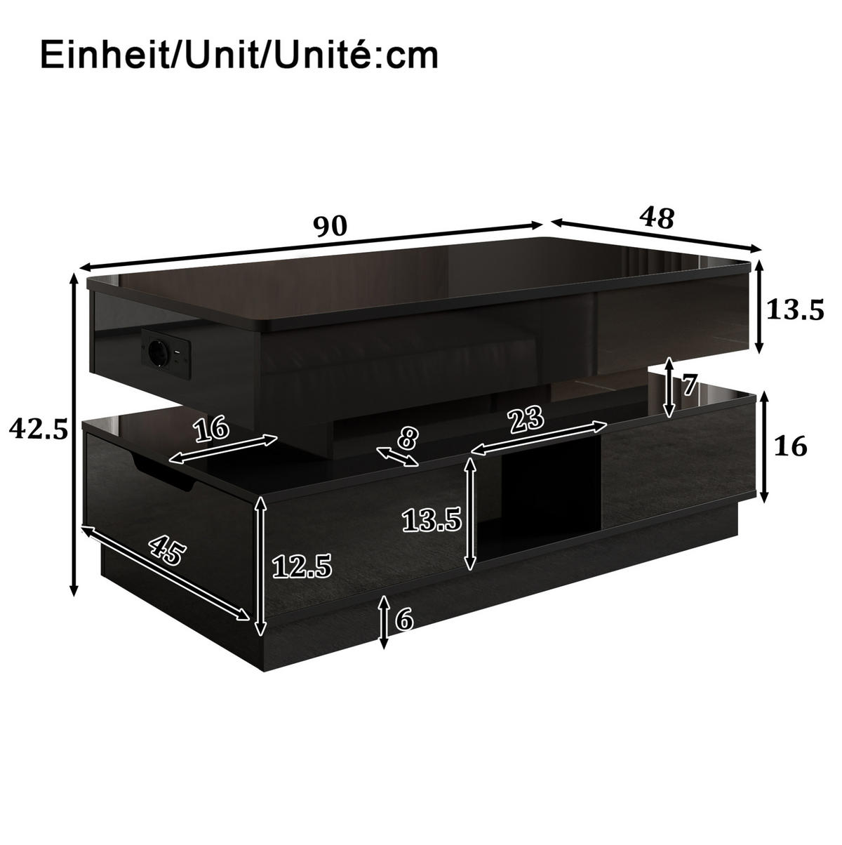 COUCHTISCH höhenverstellbar 90 x 48 cm MDF Schwarz mit Stauraum - Schwarz, Wellpappe (90/48/42.5cm) - Meubliv