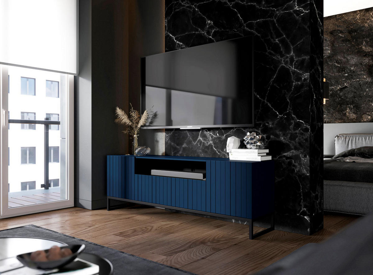 TV-SCHRANK Elpis2 Marineblau Matt mit Metallrahmen Glamour 150 cm - Blau/Schwarz, Holzwerkstoff/Metall (150/51.5/36.5cm) - Meble Lindner