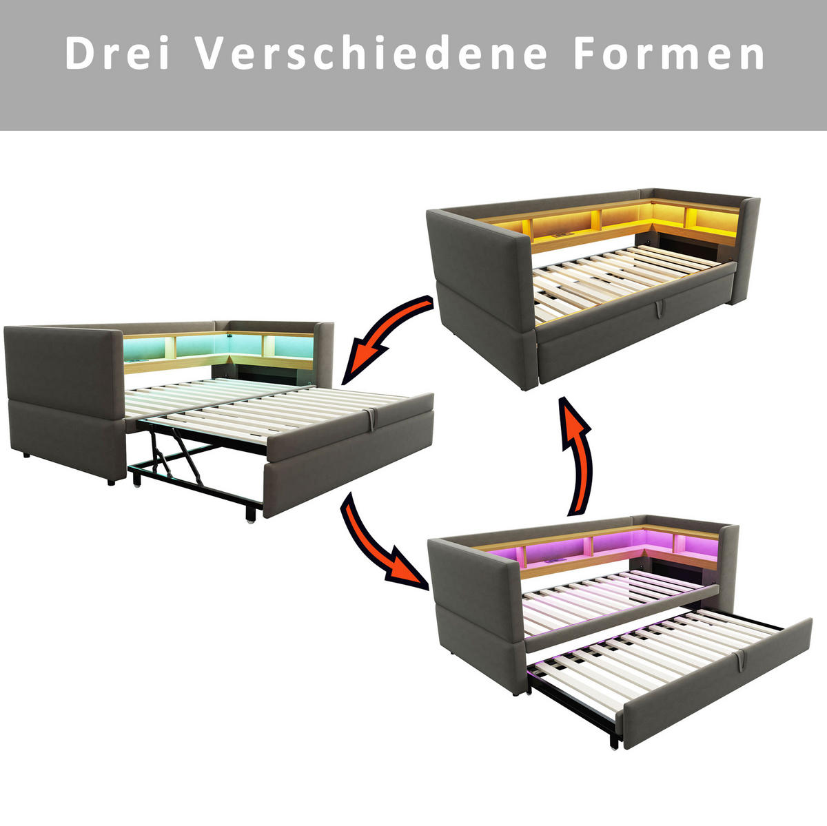 POLSTERBETT aus Flanell 90/180x190 cm Dunkelgrau mit LED-Beleuchtung, Steckdosen und Ablagefächern - Dunkelgrau, Textil (90/190cm) - Modfu