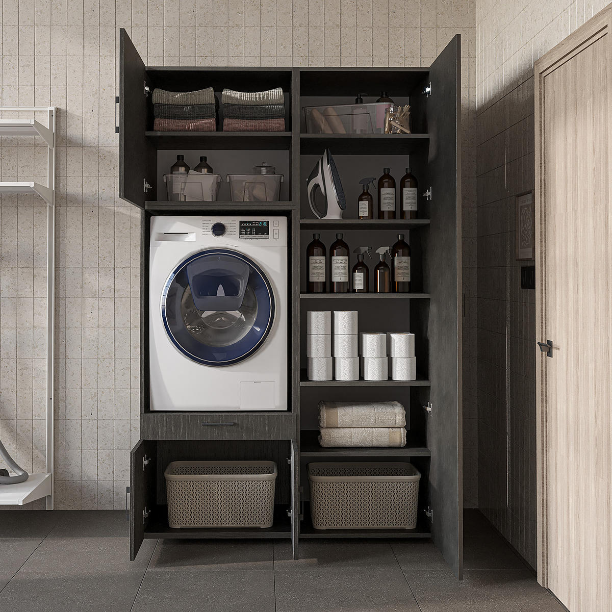 WASCHMASCHINENSCHRANK Serie 3 127cm Breit, 205cm Hoch - Schwarz, Holzwerkstoff (127/205/67cm)