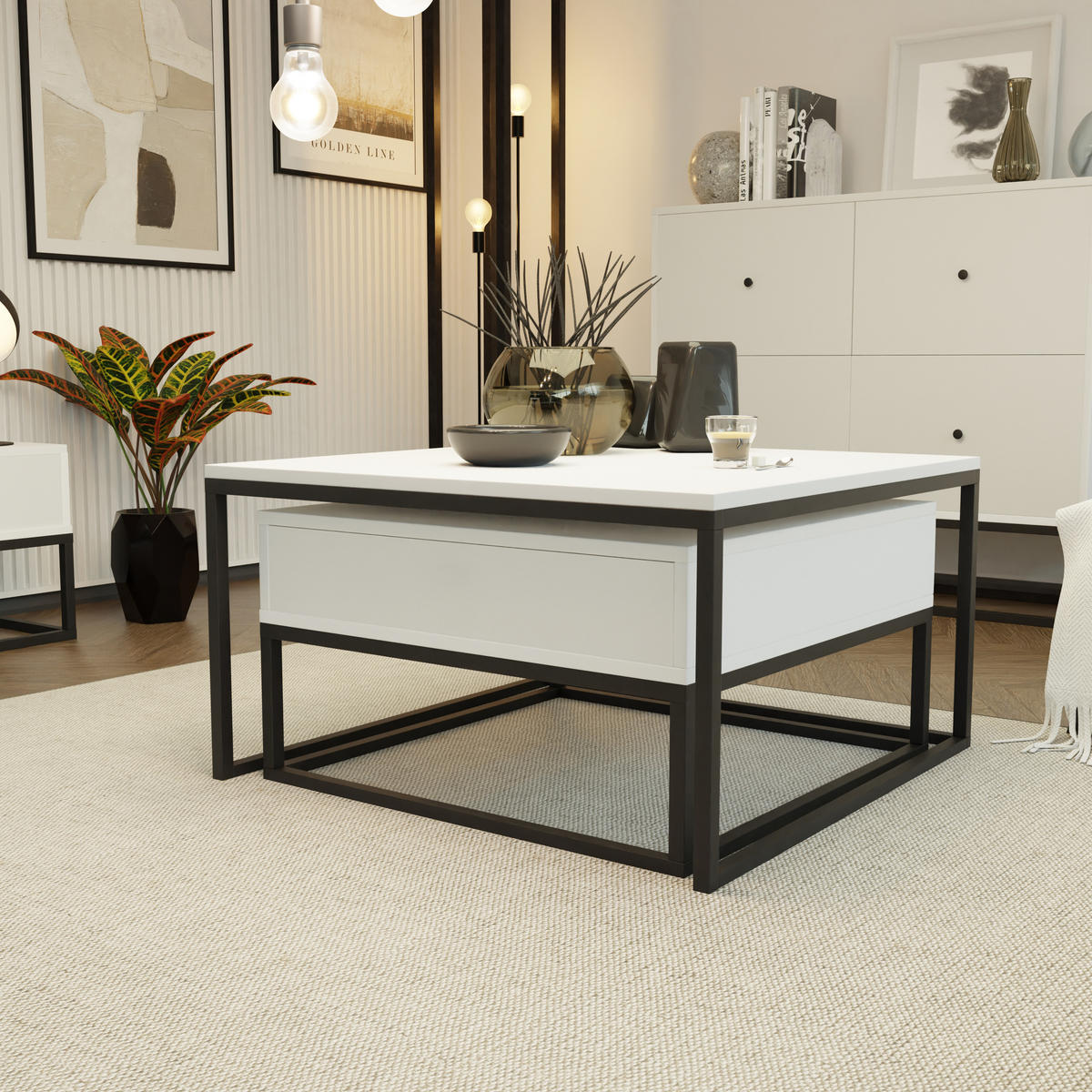 COUCHTISCH quadratisch Weiß, MDF Tischplatte, Rahmen Schwarz - Schwarz/Weiß, Holzwerkstoff (70/70/42cm) - Idohome