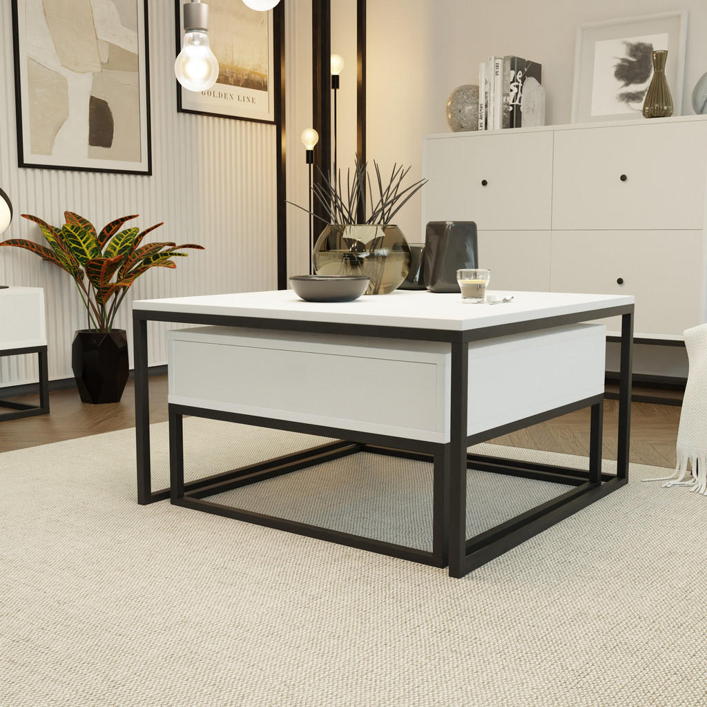Thumbnail - Idohome Couchtisch, Weiß, Schwarz, Holzwerkstoff, 1 Schubladen, Quadratisch,Quadratisch, 70x42x70 cm, Wohnzimmer, Wohnzi...