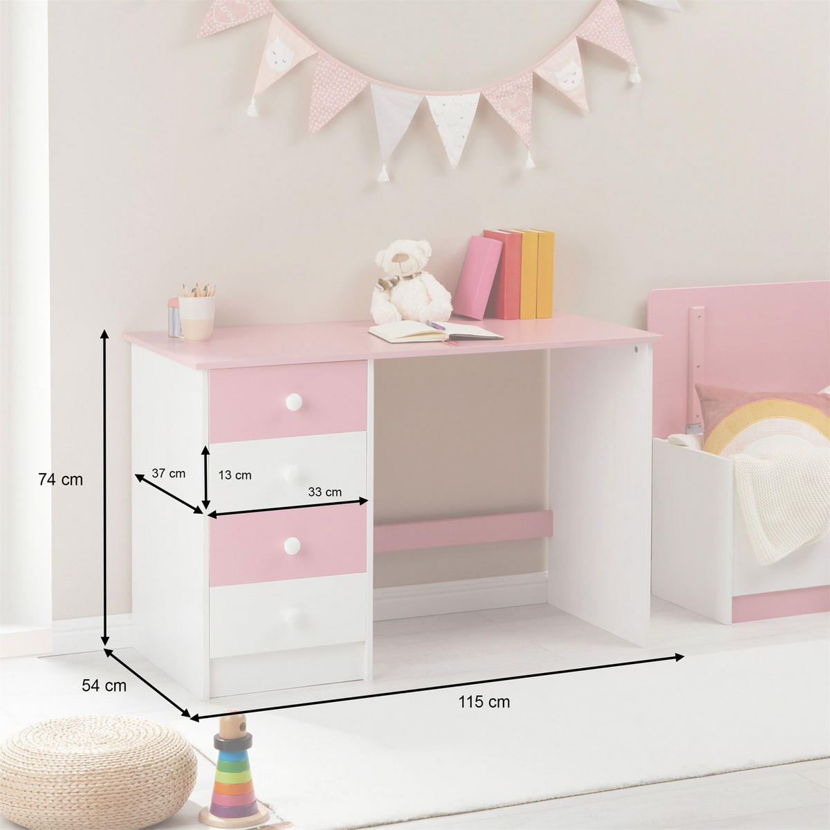 SCHREIBTISCH ARNE WEISS/ROSA - Weiß/Rosa, Holz (54/115/73cm) - IDIMEX