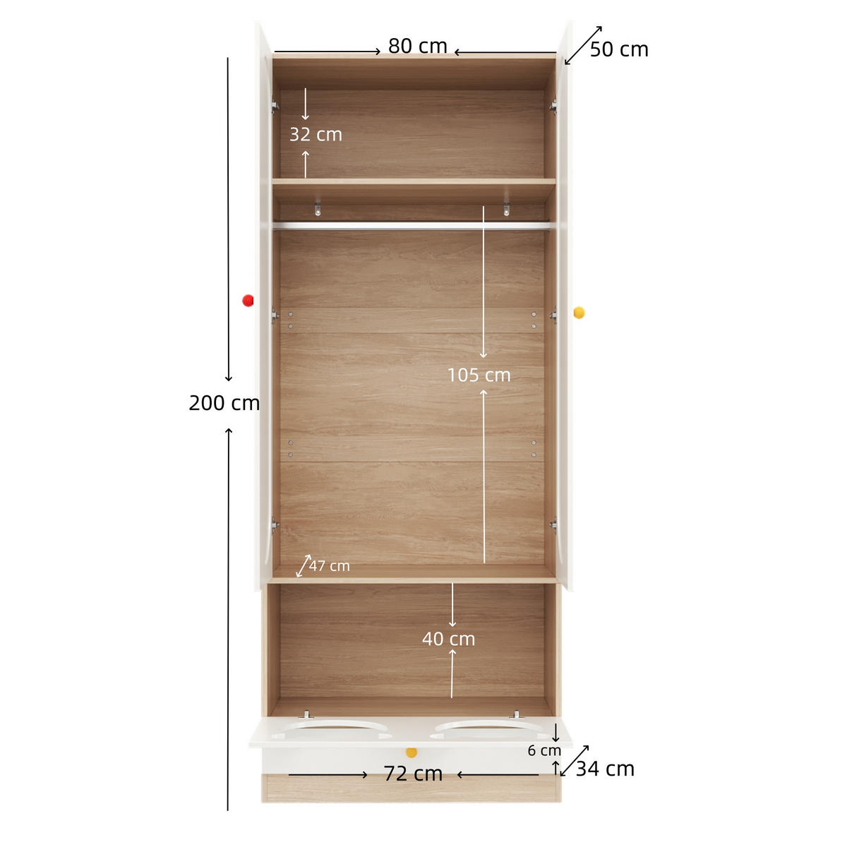 KINDER-KLEIDERSCHRANK 80x50x200cm Weiß + Natur mit Katzenbett Keramikgriffe - Multicolor, Holz (50/200/80cm) - FLIEKS