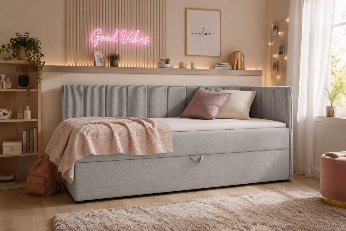 BOXBETT VIGO 90/200 cm in Cord/Velours Hellgrau H4 rechts - Hellgrau, Holz/Holzwerkstoff (90/200cm) - Deine Möbel 24