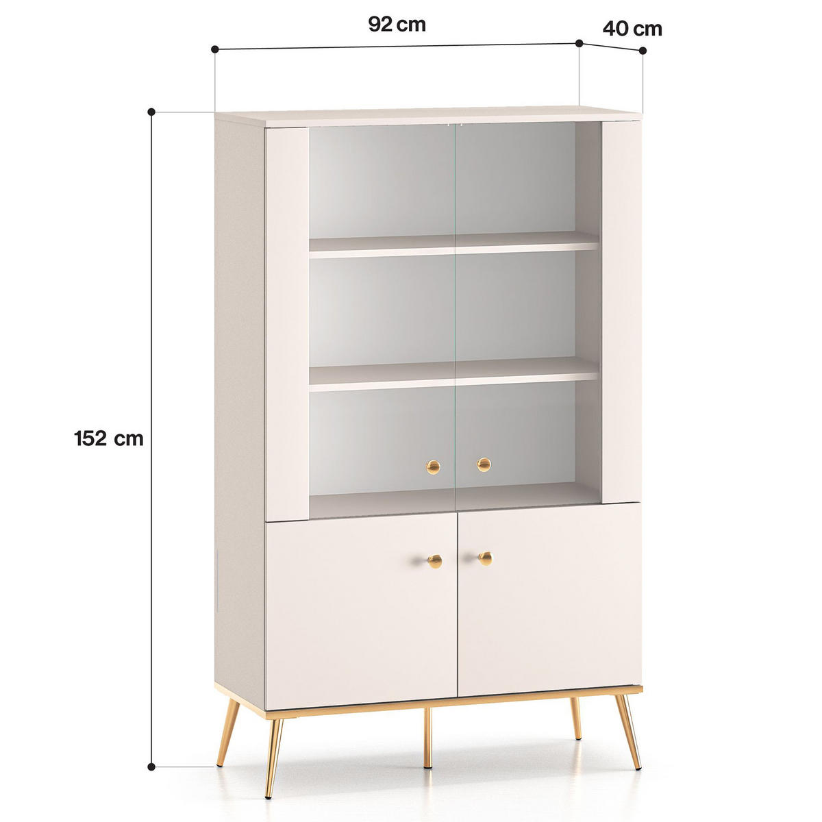 GLASVITRINE FRALIA,Creme - Creme, Glas/Holzwerkstoff (92/152/40cm) - KONSIMO®