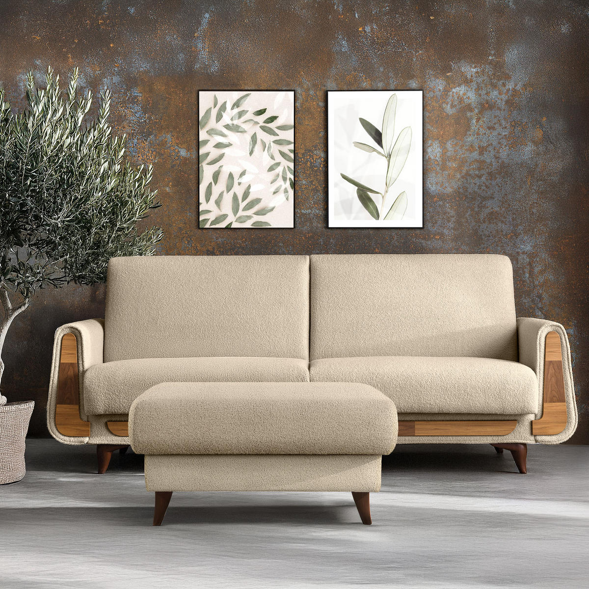 HOCKER GUSTAVO Bouclé, Creme - Creme, Holz/Holzwerkstoff (92/49/92cm) - KONSIMO®