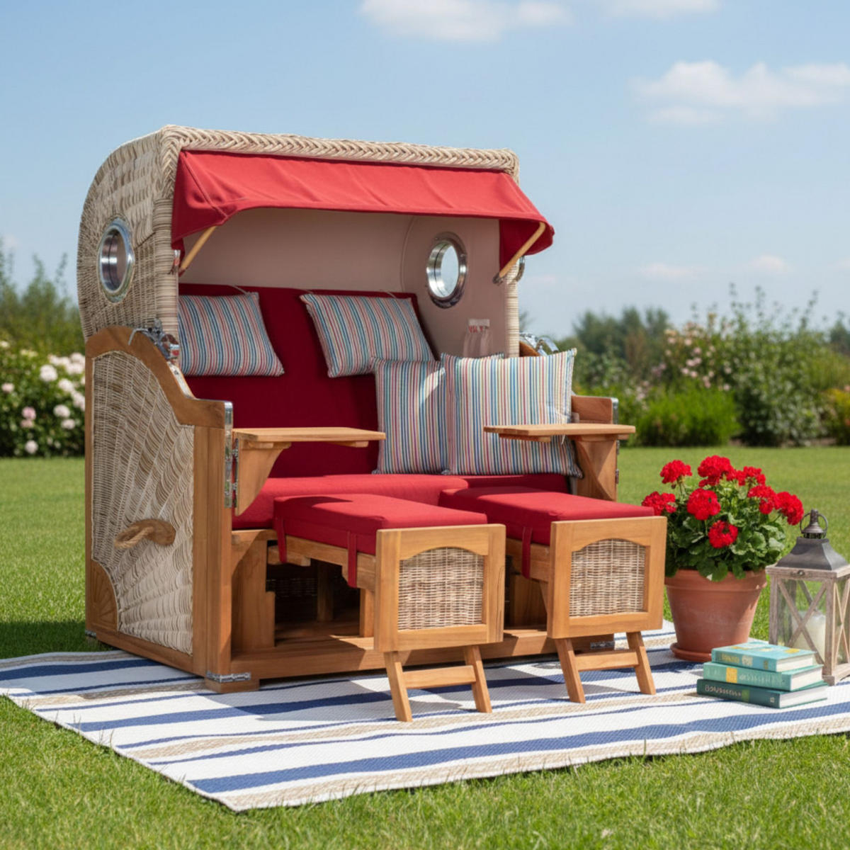 STRANDKORB XXL Düne Grande Teak PE Shell - Rot/Braun, Metall (142/170/95cm) - Mr. Deko