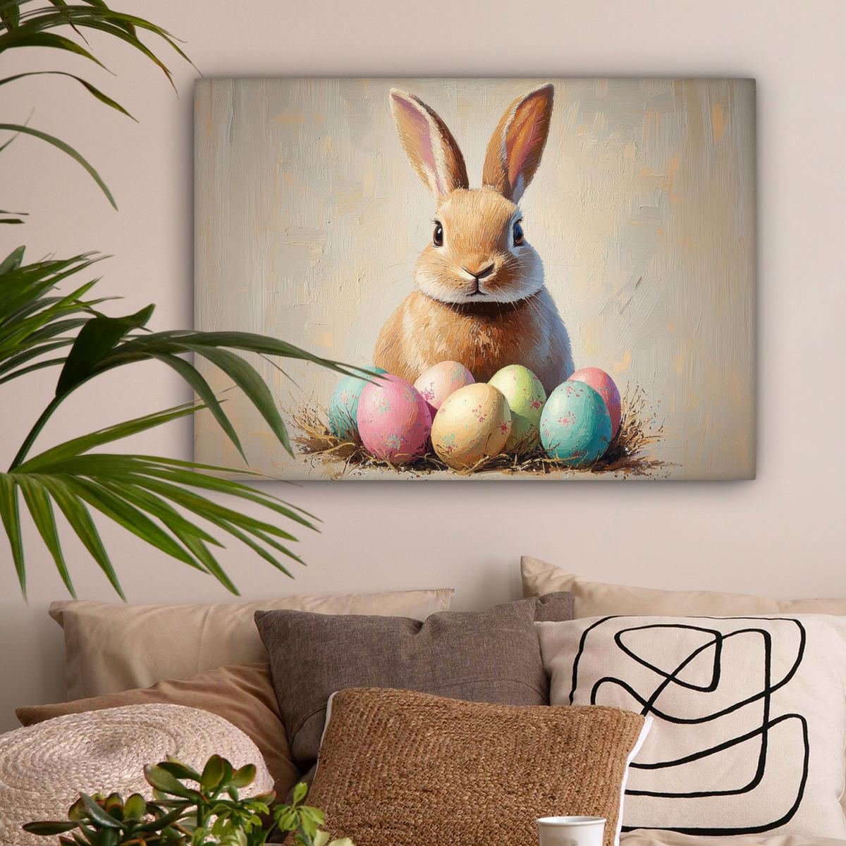 LEINWANDBILD Osterhase - Pastell - Eier Wandbilder 80x60 cm - Beige, Textil (80/60cm) - MuchoWow