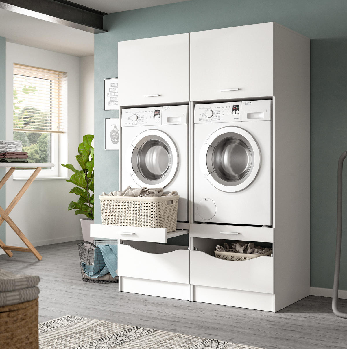 WASCHMASCHINENSCHRANK weiß Set 2-teilig 132 cm, Waschmaschinenumbau mit viel Stauraum - Silberfarben/Weiß, Glas/Holzwerkstoff (132/195/68cm) - Inn.Furn