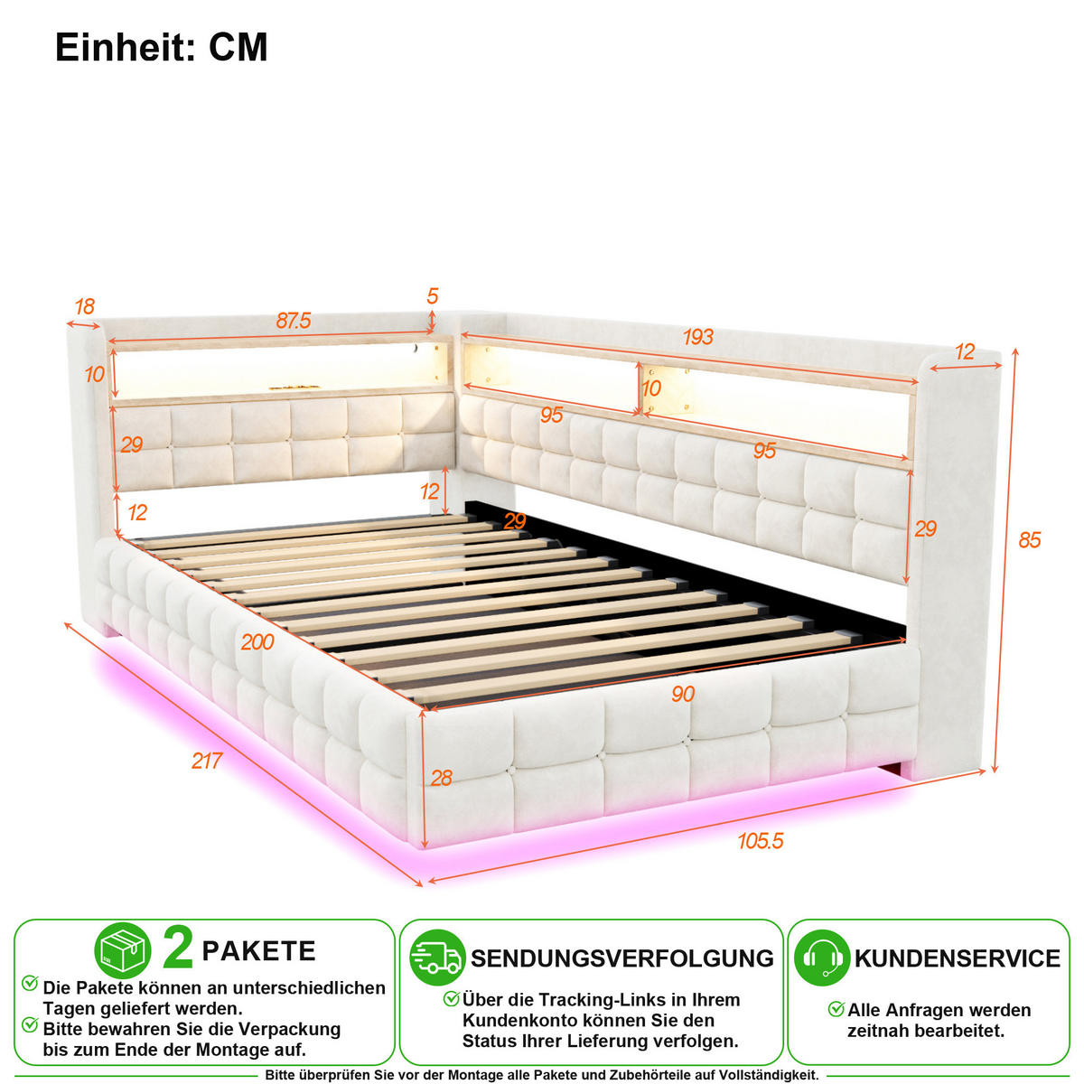 SCHLAFSOFA 90/200 cm in Beige Samt mit Bettkasten, LED und USB - Beige, Holzwerkstoff/Textil (90/200cm) - CHICFURN