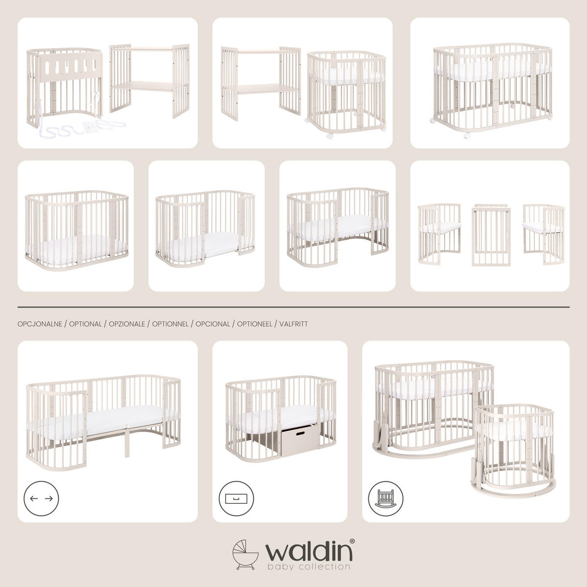 PĂTUȚ bebe Cașmir, 7in1 cu saltea - cașmir, material textil/lemn (73/123cm) - waldin