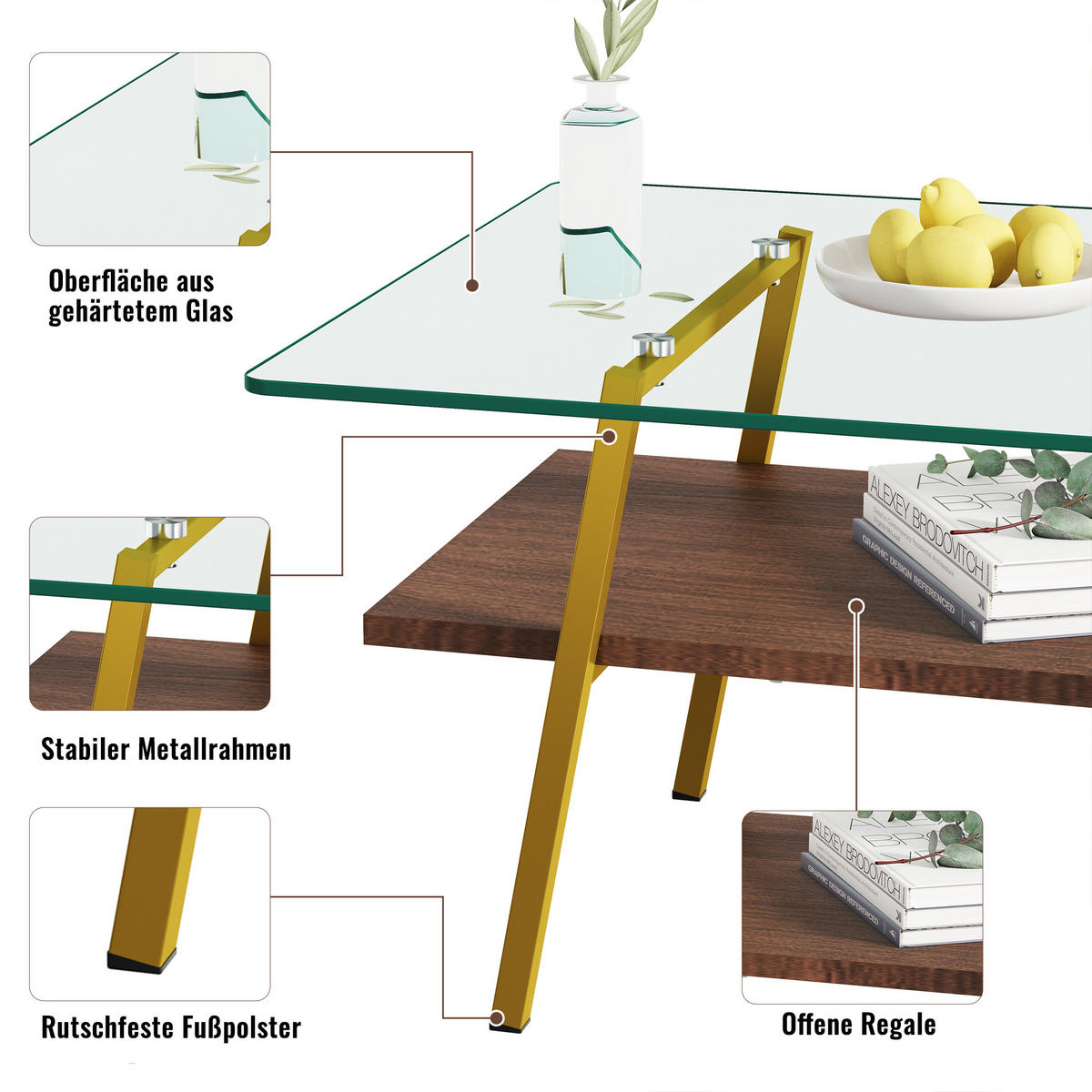 COUCHTISCH DE-37413 rechteckig mit Glasplatte Braun - Braun, Holzwerkstoff (98/58/42.5cm) - ComfortXL