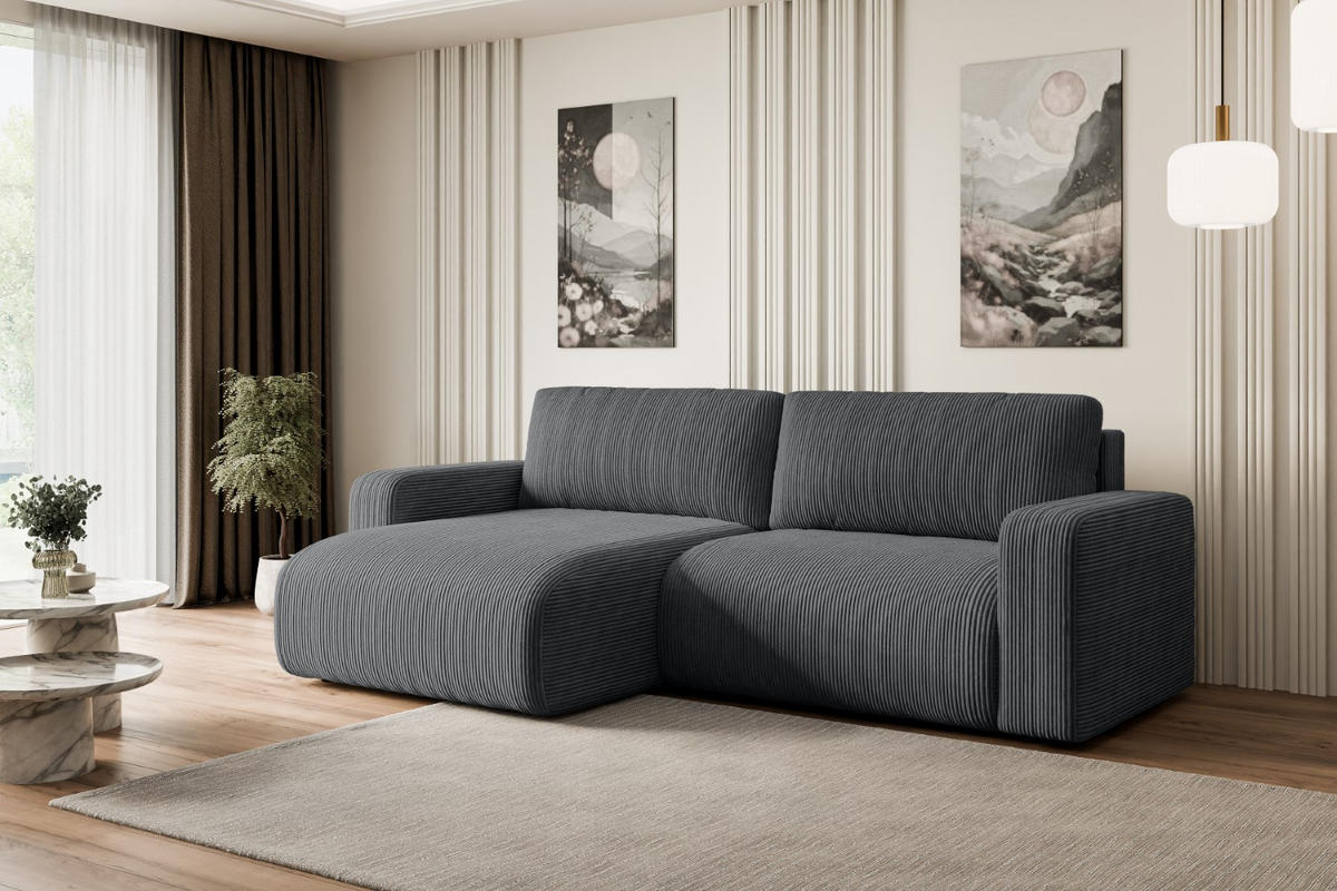 ECKSOFA mit Schlaffunktion und Bettkasten KLEEA-L - 247x143x83 cm Dunkelgrau Cord - Dunkelgrau/Schwarz, Holzwerkstoff/Kunststoff (247/143cm) - ALTDECOR