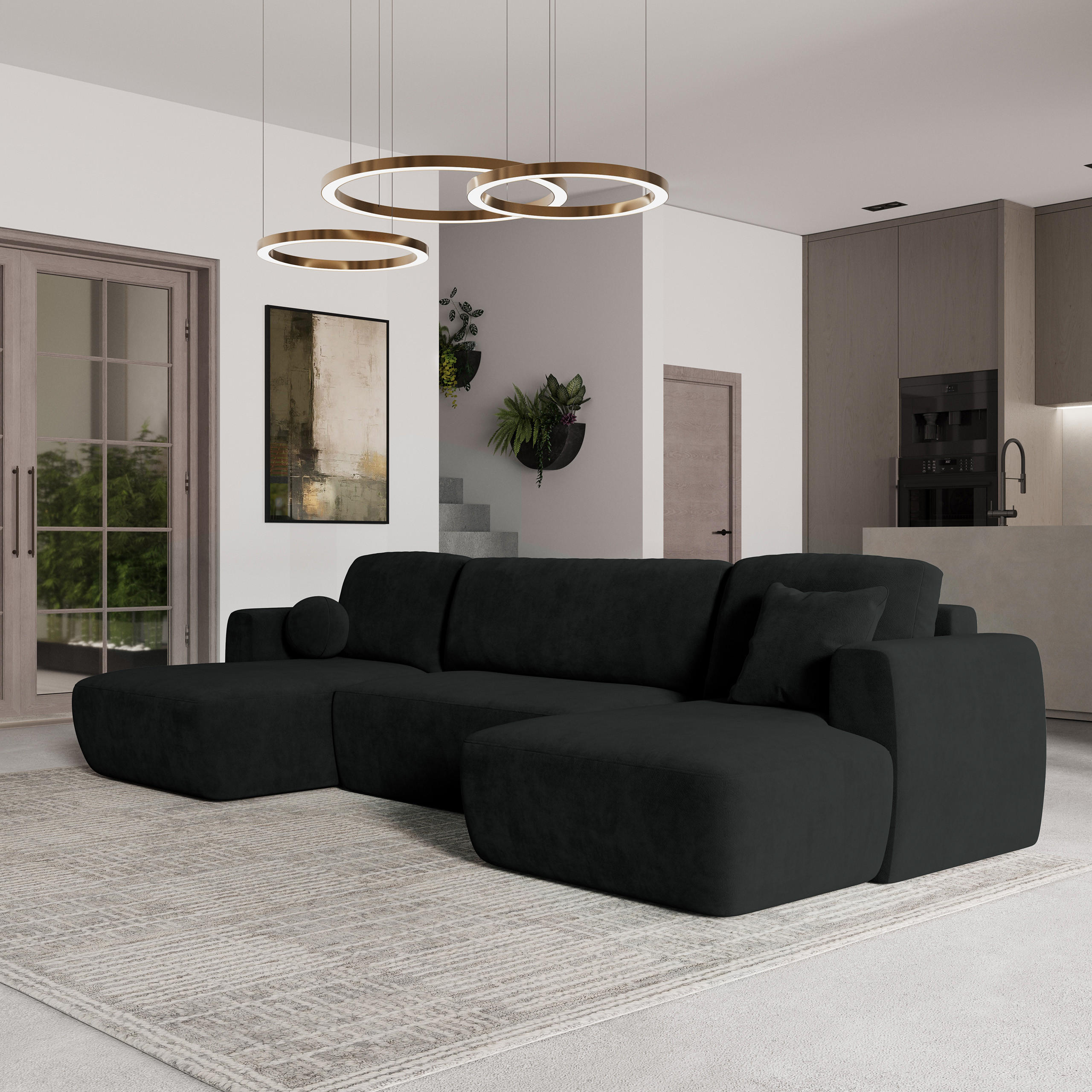WOHNLANDSCHAFT SENTUM K Schwarz Plüsch-Stoff mit Schlaffunktion - Schwarz, Holz (330/90/148cm) - MASSENO