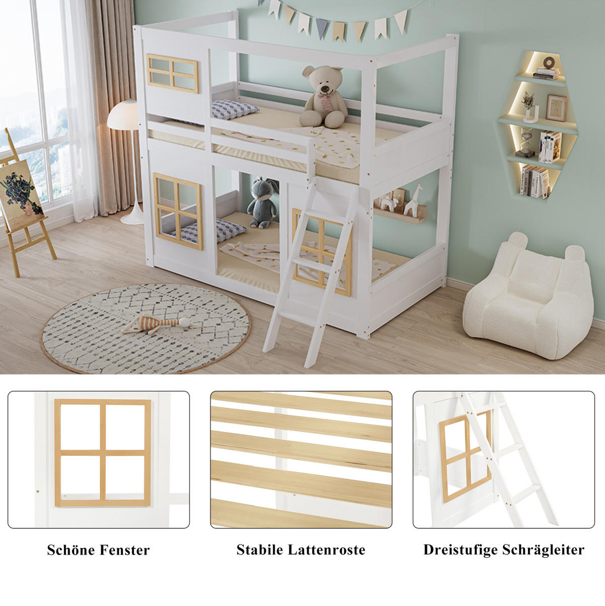 ETAGENBETT aus Kiefer und MDF 90x200 cm Weiß/Natur mit Fenstern, Trittleiter und vierseitigem Rausfallschutz - Weiß, Holzwerkstoff (90/200cm) - Modfu