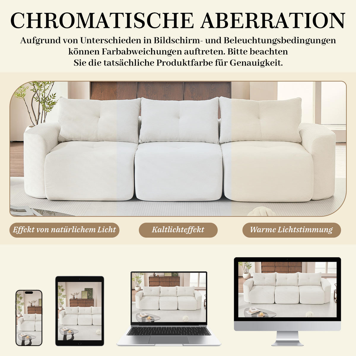 3-SITZER-SOFA 2+1 Wabi-Sabi Cord, DE-42909, Creme - Beige, Textil (279/94/100cm) - ComfortXL
