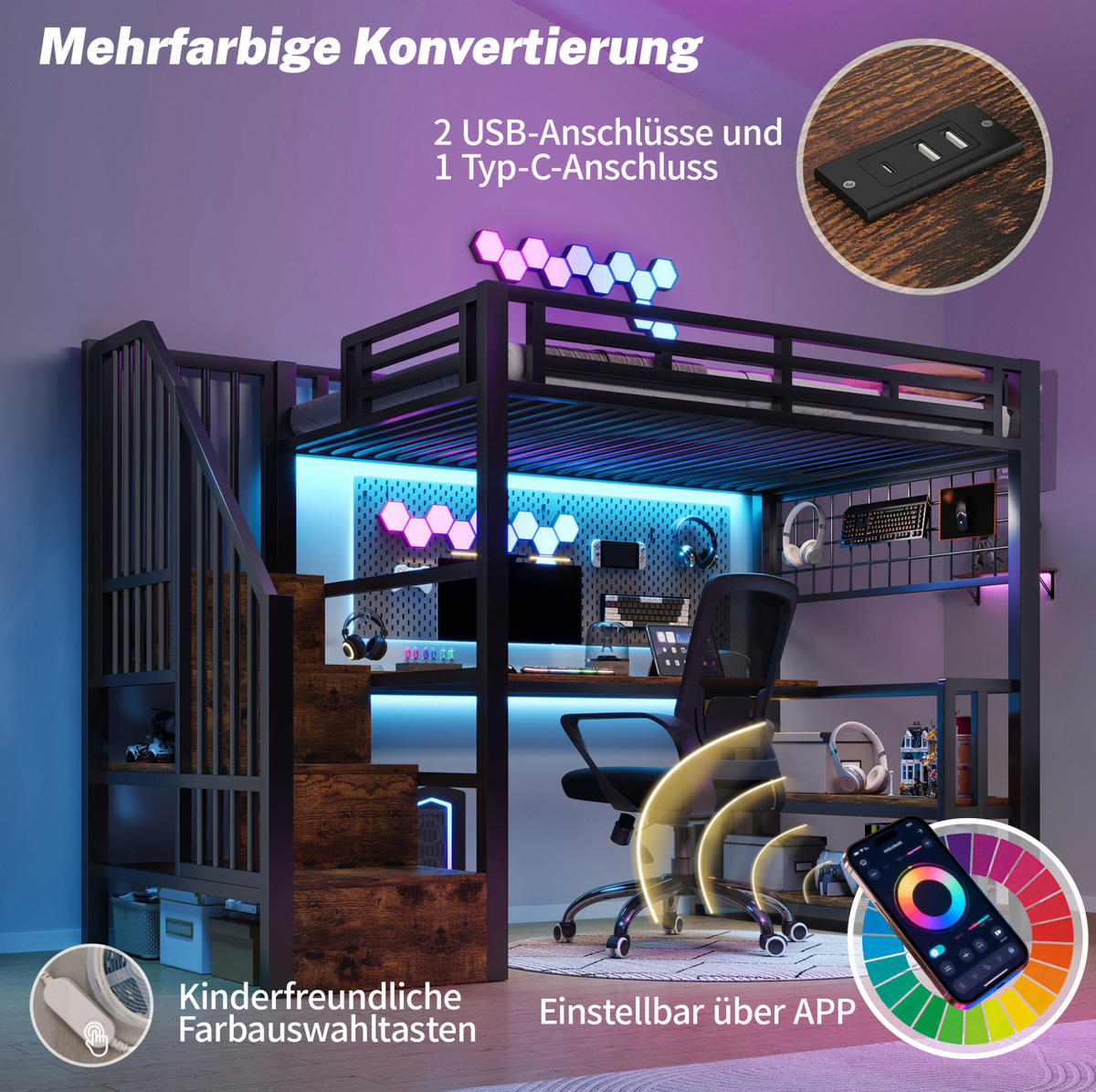 HOCHBETT 90/200 cm mit Schreibtisch, LED-Lichtleiste, Stauraumtreppe, USB und Typ-C, Metall/MDF, Schwarz - Schwarz, Metall (90/200cm) - Redom