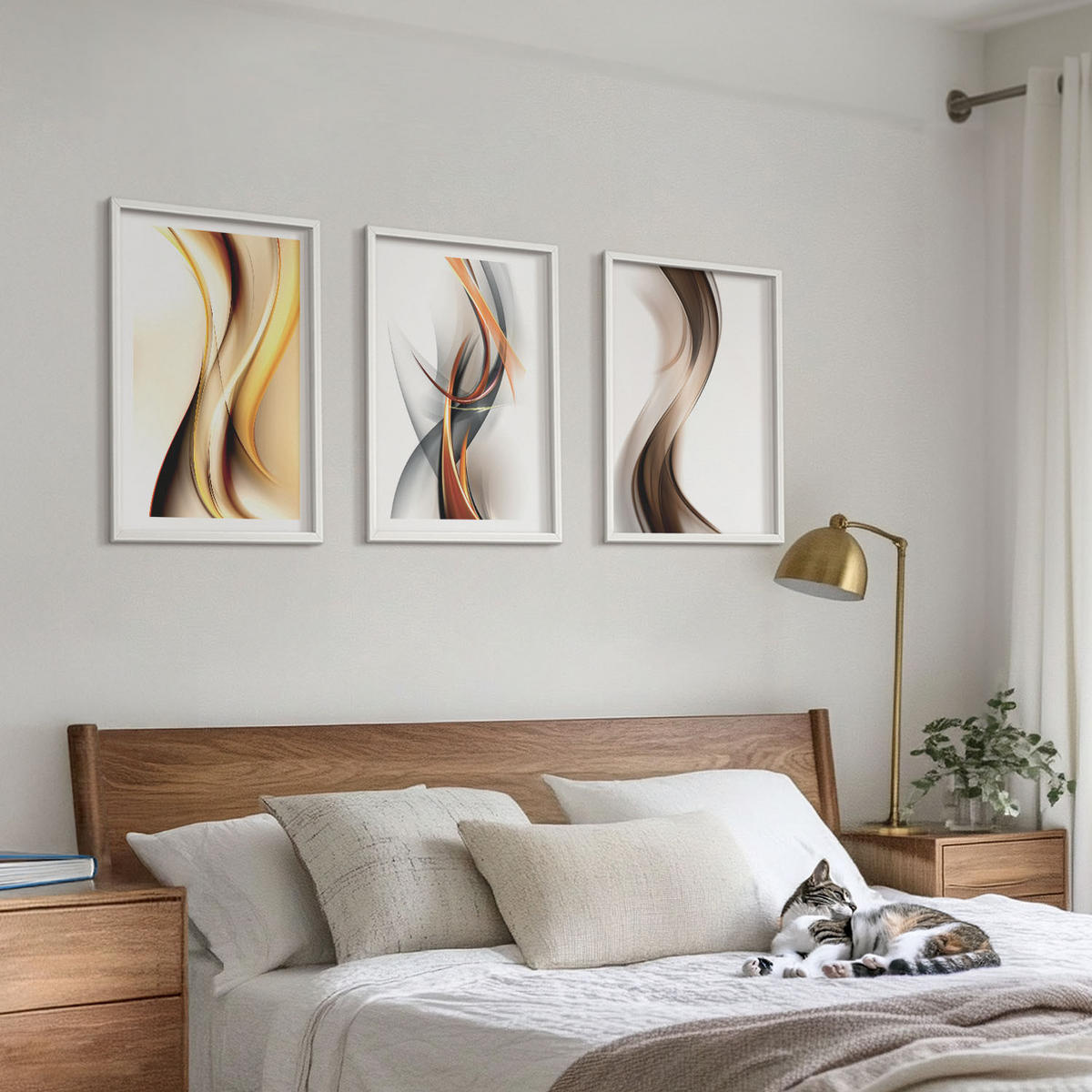 BILDER SET 3er Set - 40x60 cm Weißer Rahmen - Gelbgrau-braune Wellen - Weiß, Kunststoff (40/60cm) - TULUP