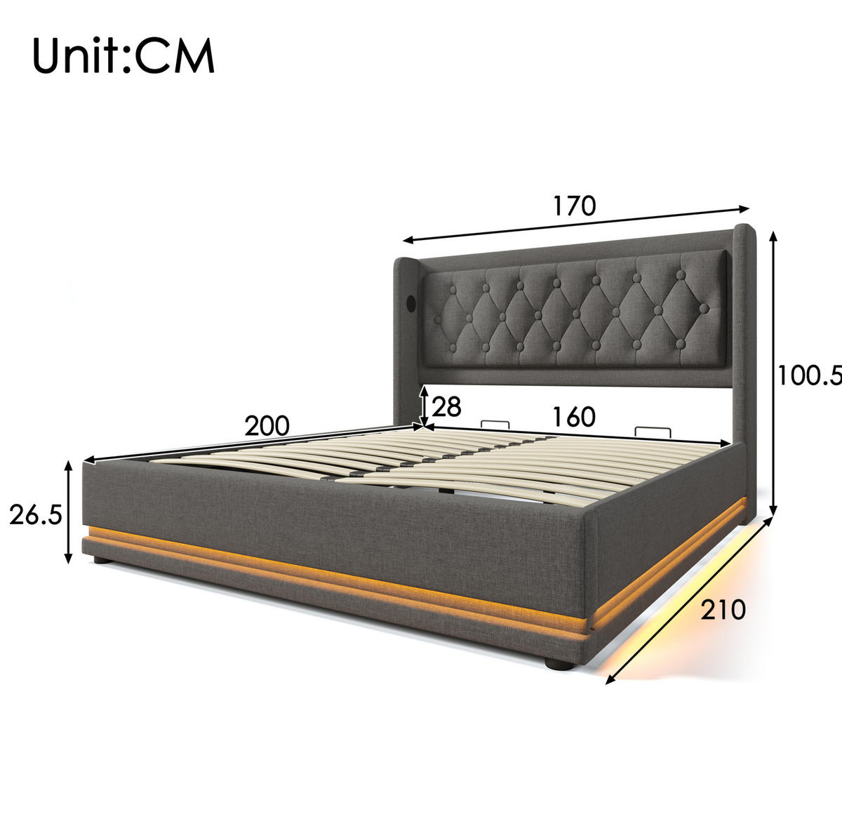 POLSTERBETT 160/200 cm Grau aus Baumwolle mit Bettkasten, LED und USB-C - Grau, Textil (160/200cm) - OKMYHOME