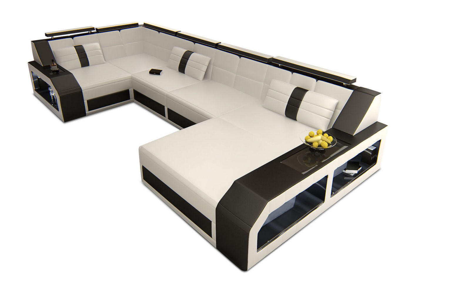 WOHNLANDSCHAFT Arezzo U - Schwarz/Weiß, Leder (380/86/197cm) - Sofa Dreams