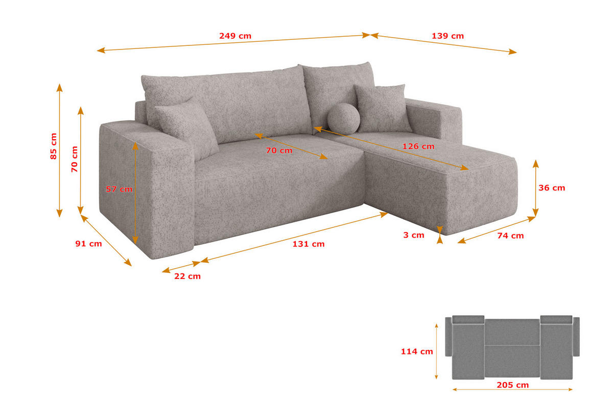 ROHOVÁ SEDAČKA s funkcí spaní, otoman vpravo SENO-L 249x139x85 světle šedá velur - černá/světle šedá, kompozitní dřevo/textil (249/139cm) - ALTDECOR