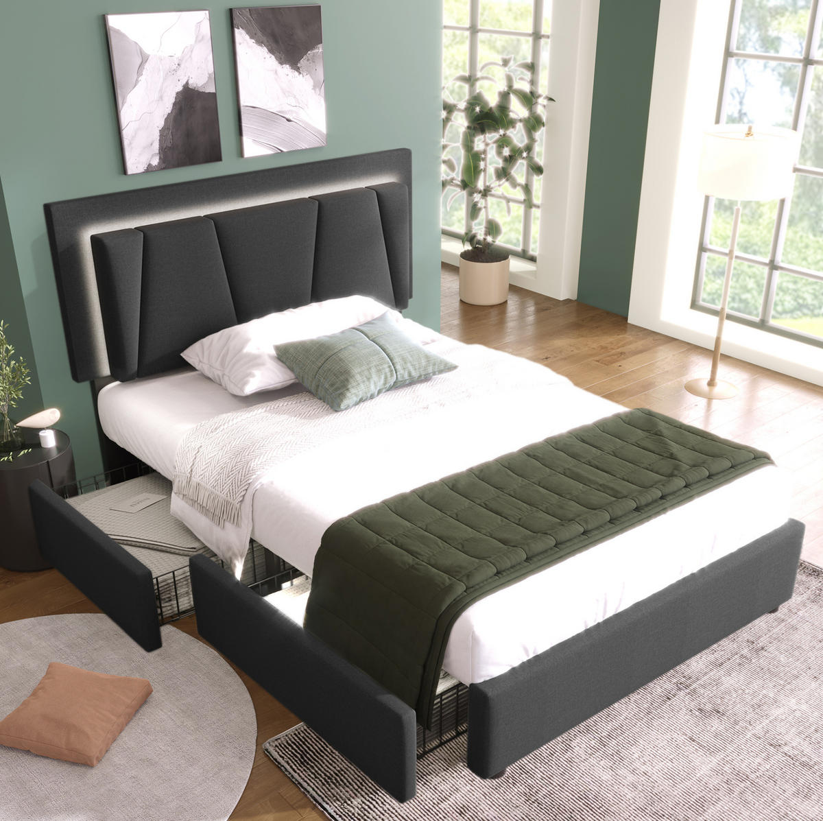 BETT mit LED und 2 Schubladen 90x200 cm Grau - Grau, Holz (90/200cm) - Meubliv