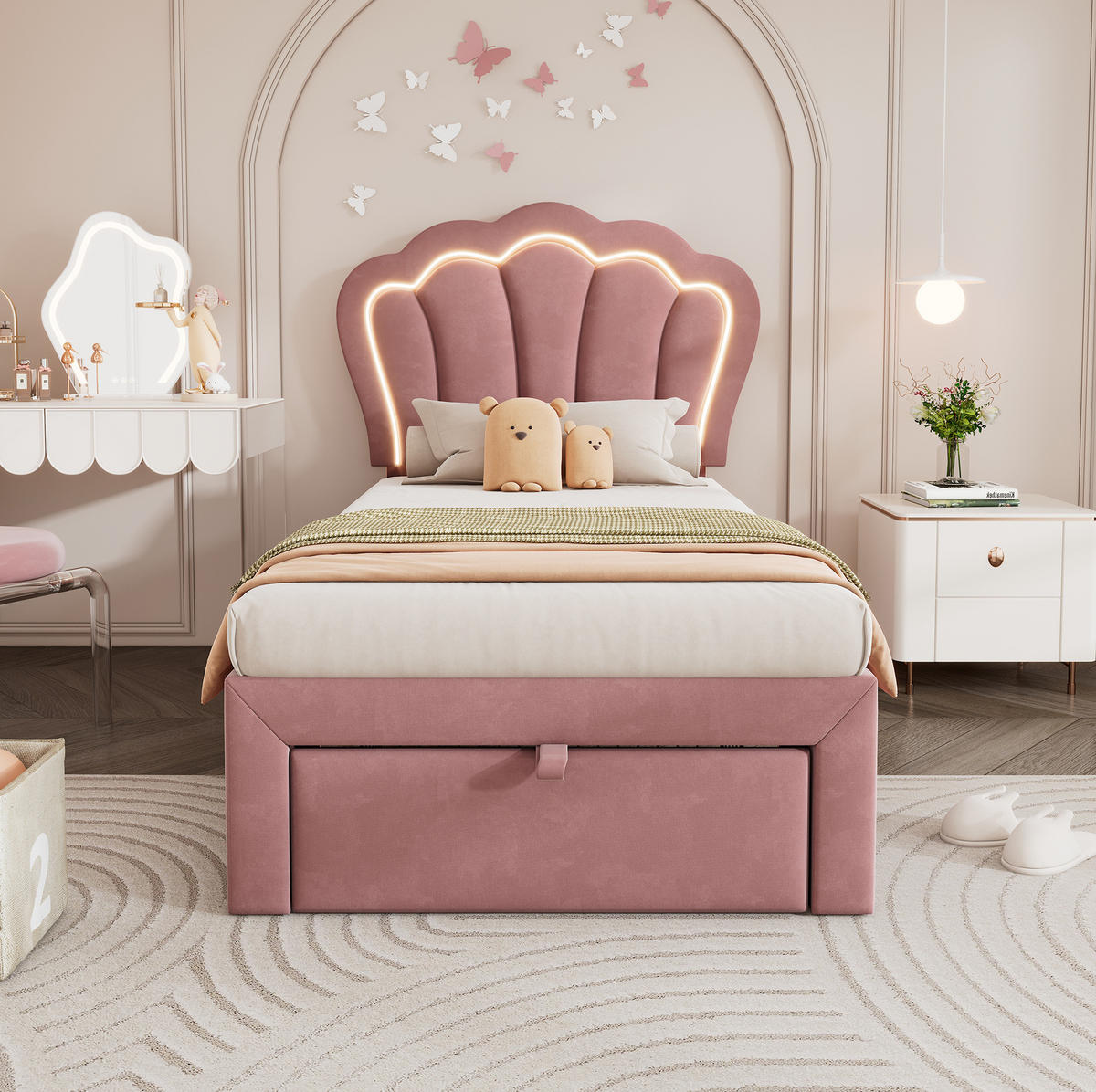 KINDERBETT 90/190 cm in Rosa mit LED, Schublade und verstellbarem Kopfteil - Rosa, Textil (90/190cm) - BEAOK